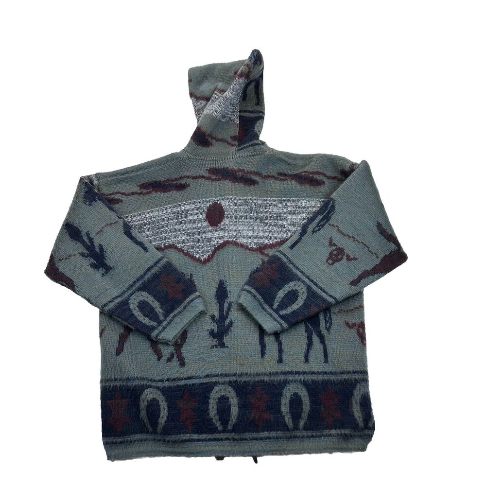 Vintage Ruminahui Wool Sweater Hooded Pockets Horses Cactus Western
